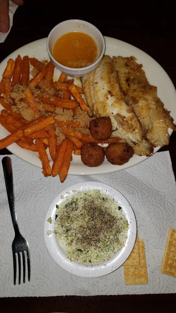 Grilled Fish Sweet Tater Fries & Slaw
